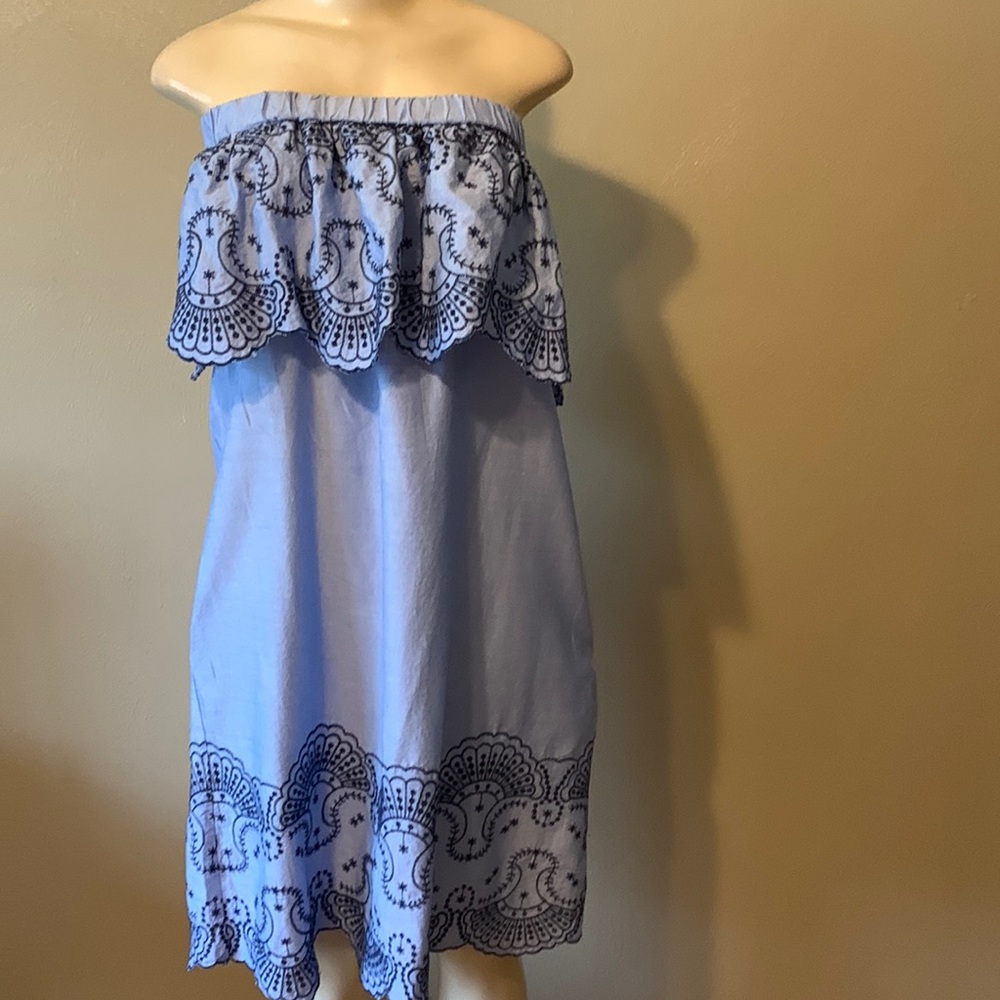New York & Co size L blue off shoulders dress floral navy embroidery